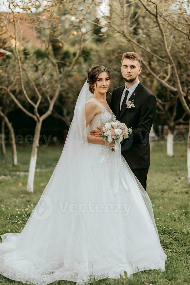 romántico retrato de un elegante novia y novio en un Boda vestido, en el jardín foto