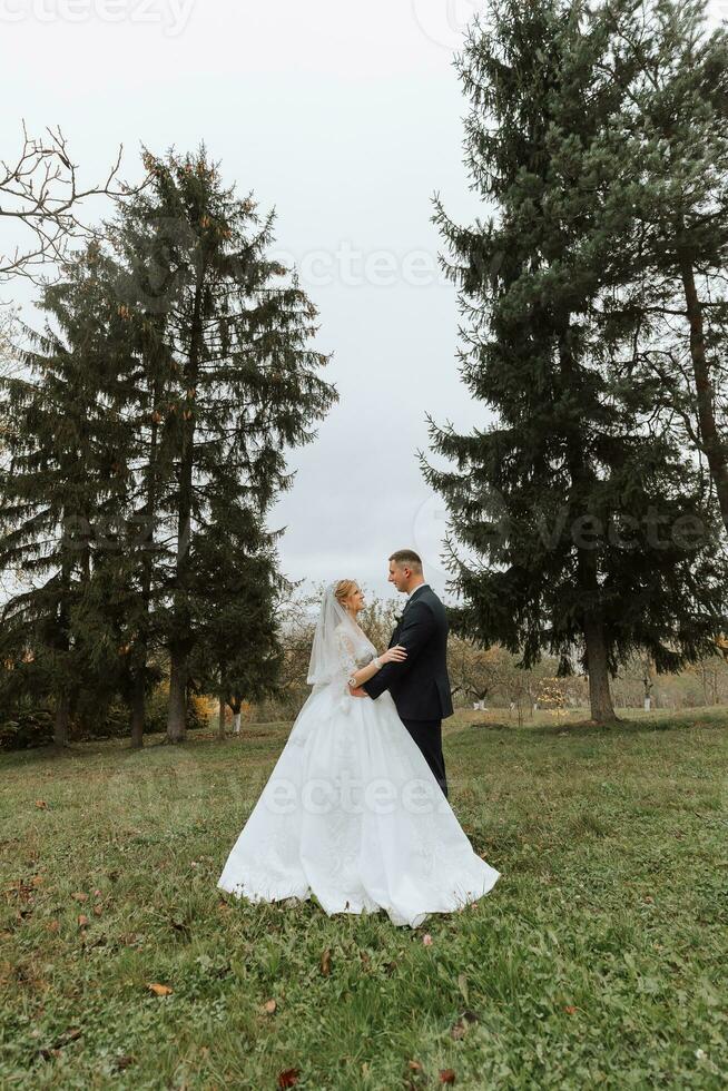 Happy stylish couple of newlyweds in the green forest on an autumn day. the bride in a classic long white dress and the groom in a blue suit embrace. wedding day. photo