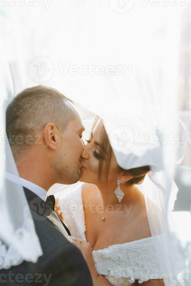 wedding couple on nature. bride and groom hugging under the veil at wedding. photo