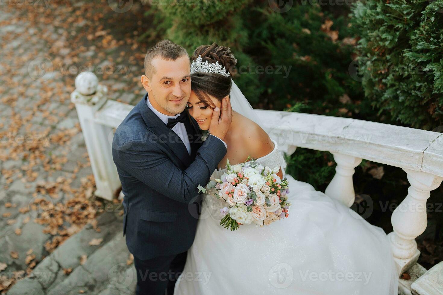 portrait of happy wedding couple, bride and groom in autumn forest, park posing near stone stairs. A man in a suit, a girl in a wedding dress. Groom kisses his girlfriend. Photo from above