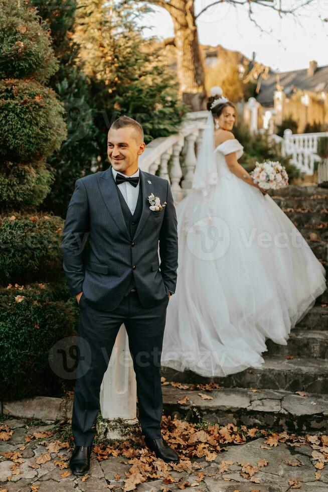 portrait of happy wedding couple, bride and groom in autumn forest, park posing near stone stairs. A man in a suit, a girl in a wedding dress photo