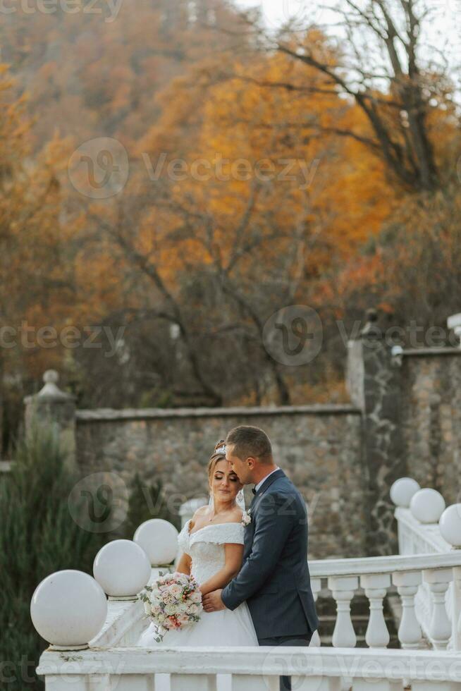 Gorgeous wedding couple walking on stone stairs near old castle in park. Stylish beautiful bride in amazing gown and groom posing on background of ancient building photo