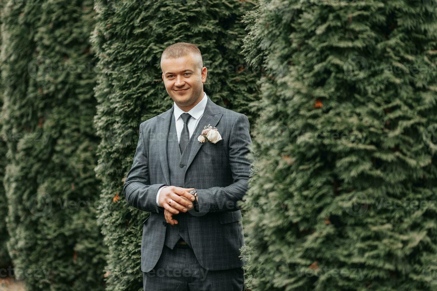 hermoso novio en traje y Corbata en pie al aire libre en parque. Boda retrato. un hombre en un clásico traje foto