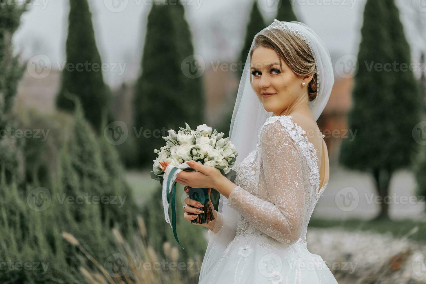 Portrait of a beautiful bride with a veil in a voluminous wedding dress and professional make-up. Close-up portrait of a young gorgeous bride. Wedding. photo