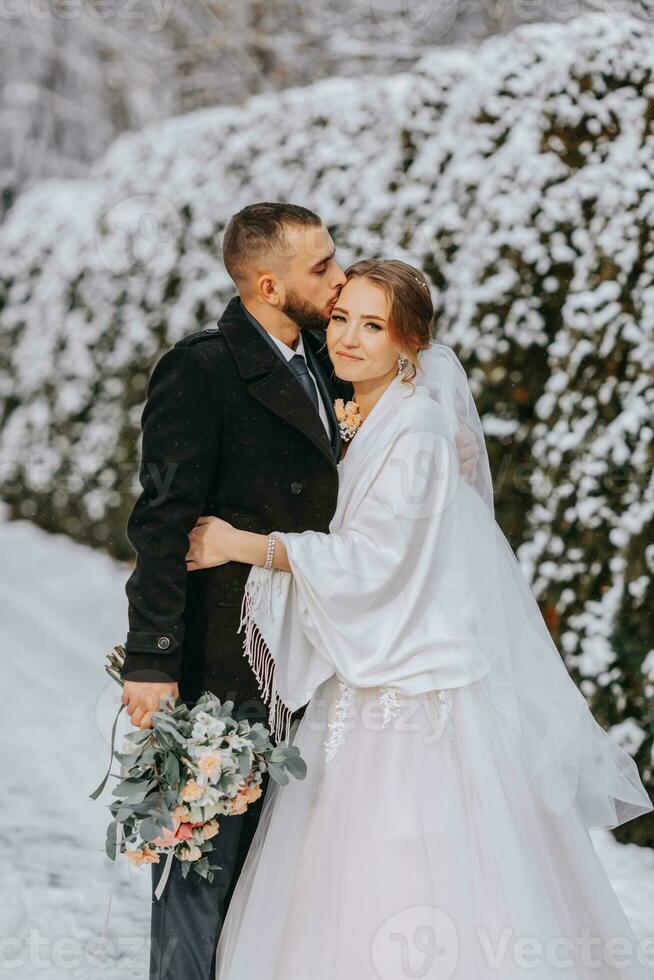 Sensitive portrait of happy newlyweds. The groom hugs and kisses the bride in the winter park. The bride in a wedding dress and a white poncho. The groom is dressed in a black coat. photo