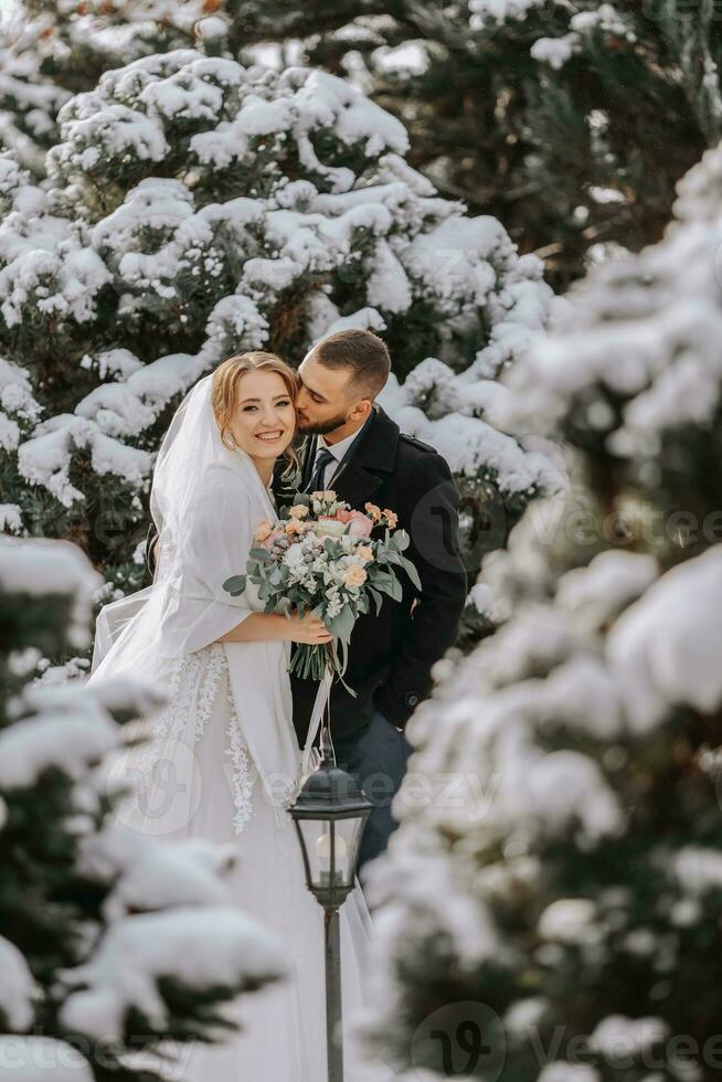 Portrait of the bride and groom between snowy trees. The groom hugs the bride in the winter park. Bride with a bouquet of flowers in a wedding dress and poncho. The groom is dressed in a black coat. photo