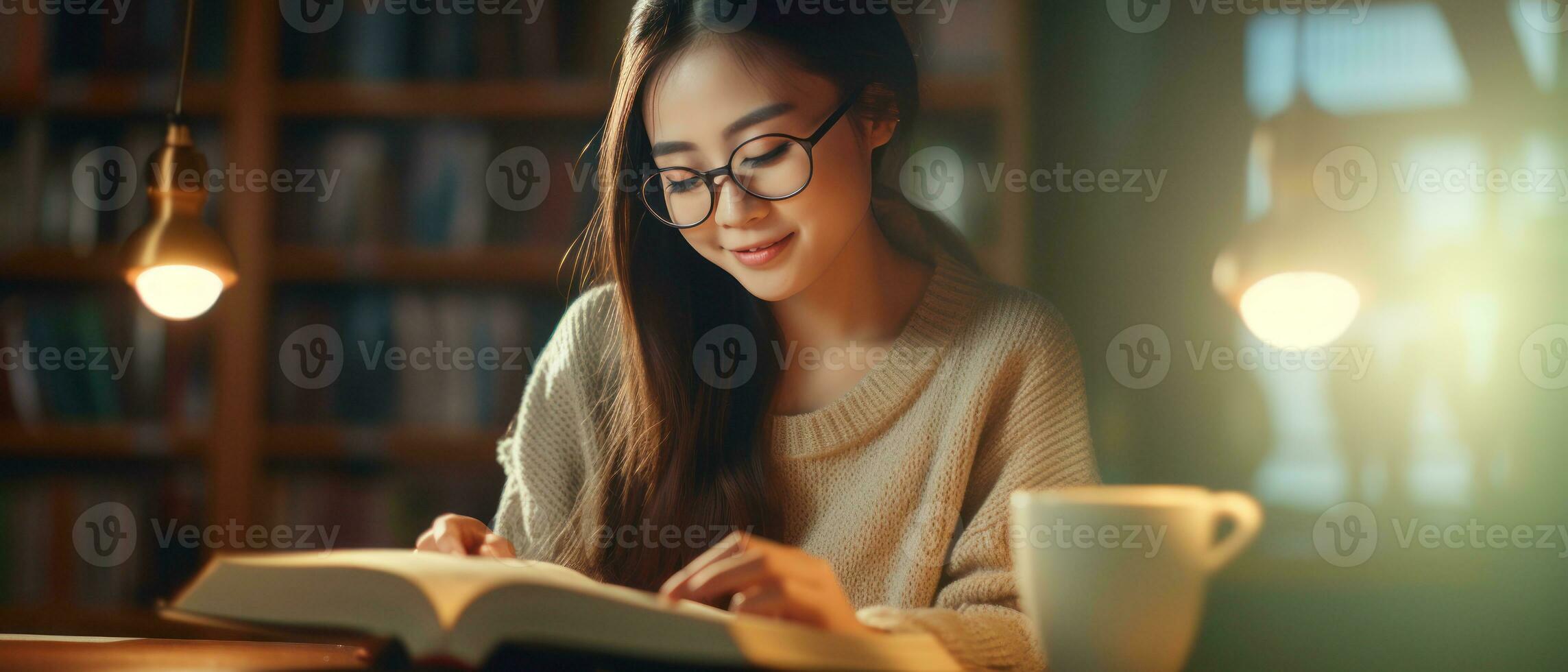 AI generated Young Asian woman engrossed in a book in a library. AI generative. photo