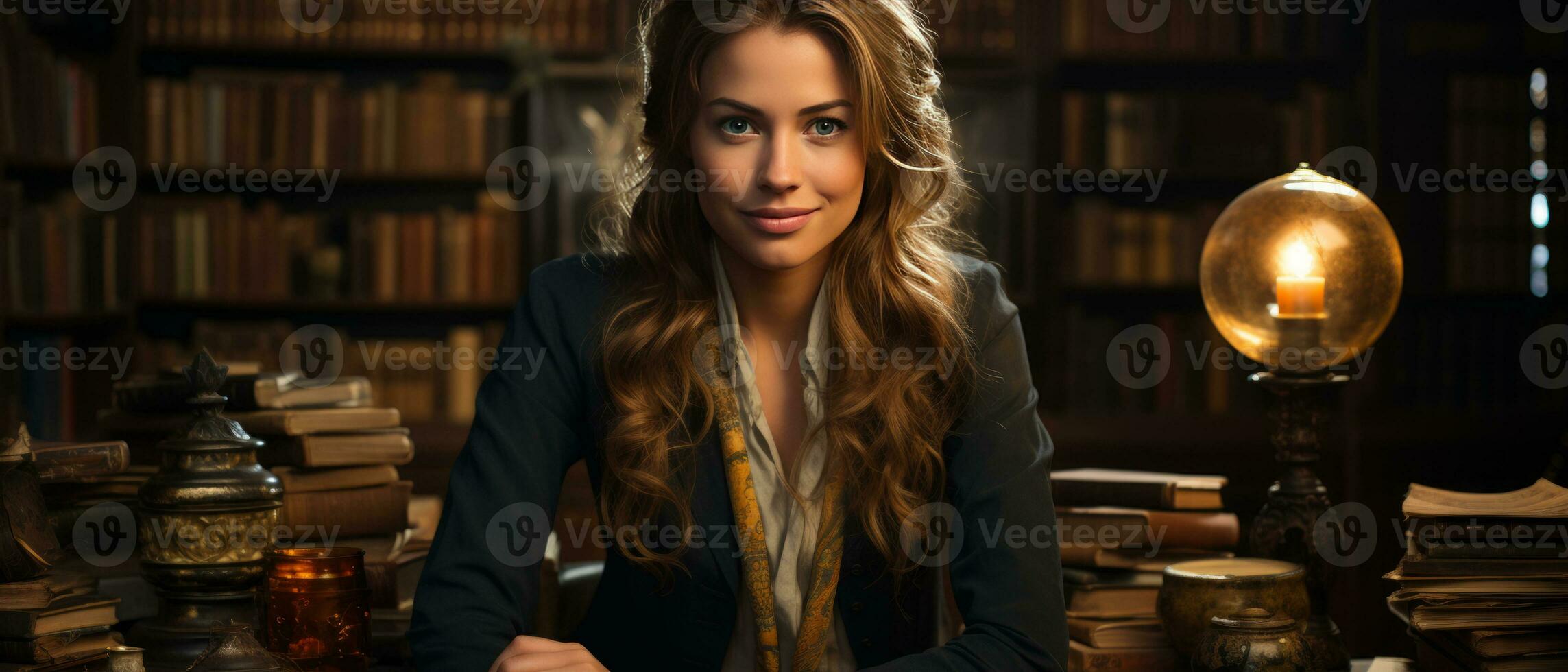 AI generated Trendy female student sitting among bookshelves in an old university library, deeply engrossed in studying. photo