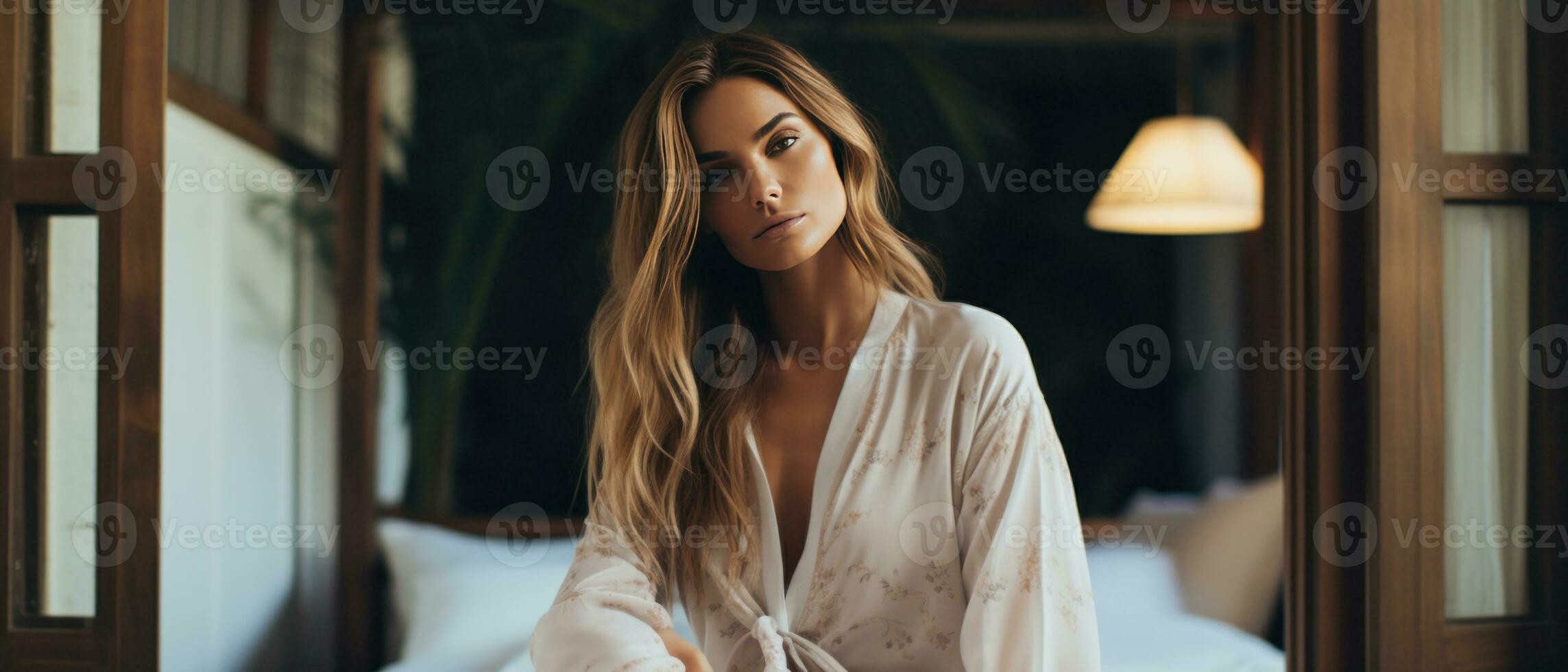 AI generated Woman in white robe on plush bed. AI generative. photo