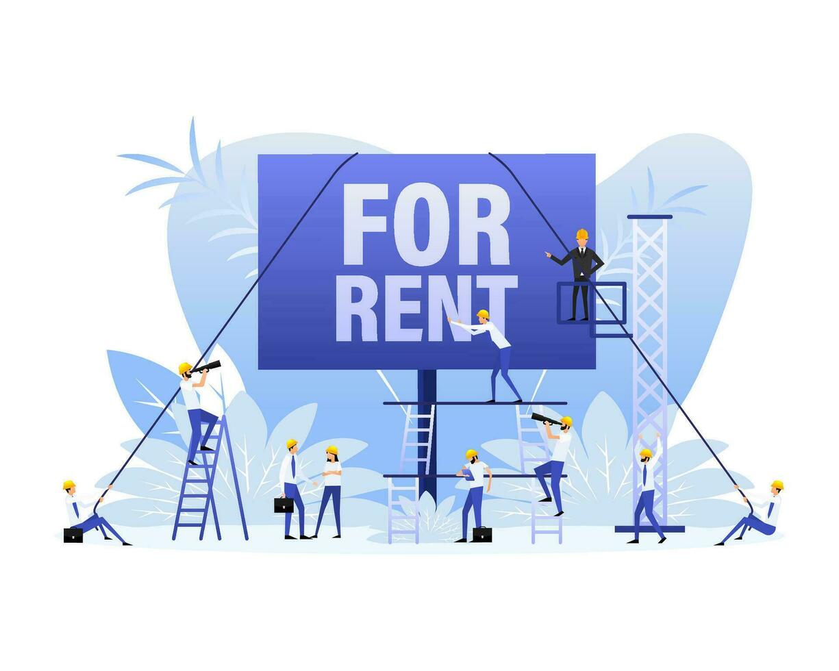 For rent placard with people. Business vector icon. Cartoon vector illustration