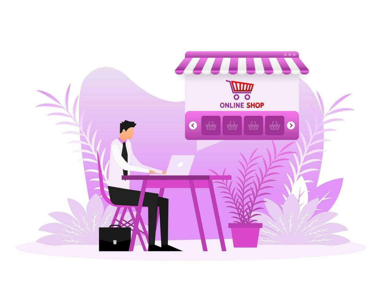 Laptop with and screen buy. Flat style characters. Concept online shopping vector