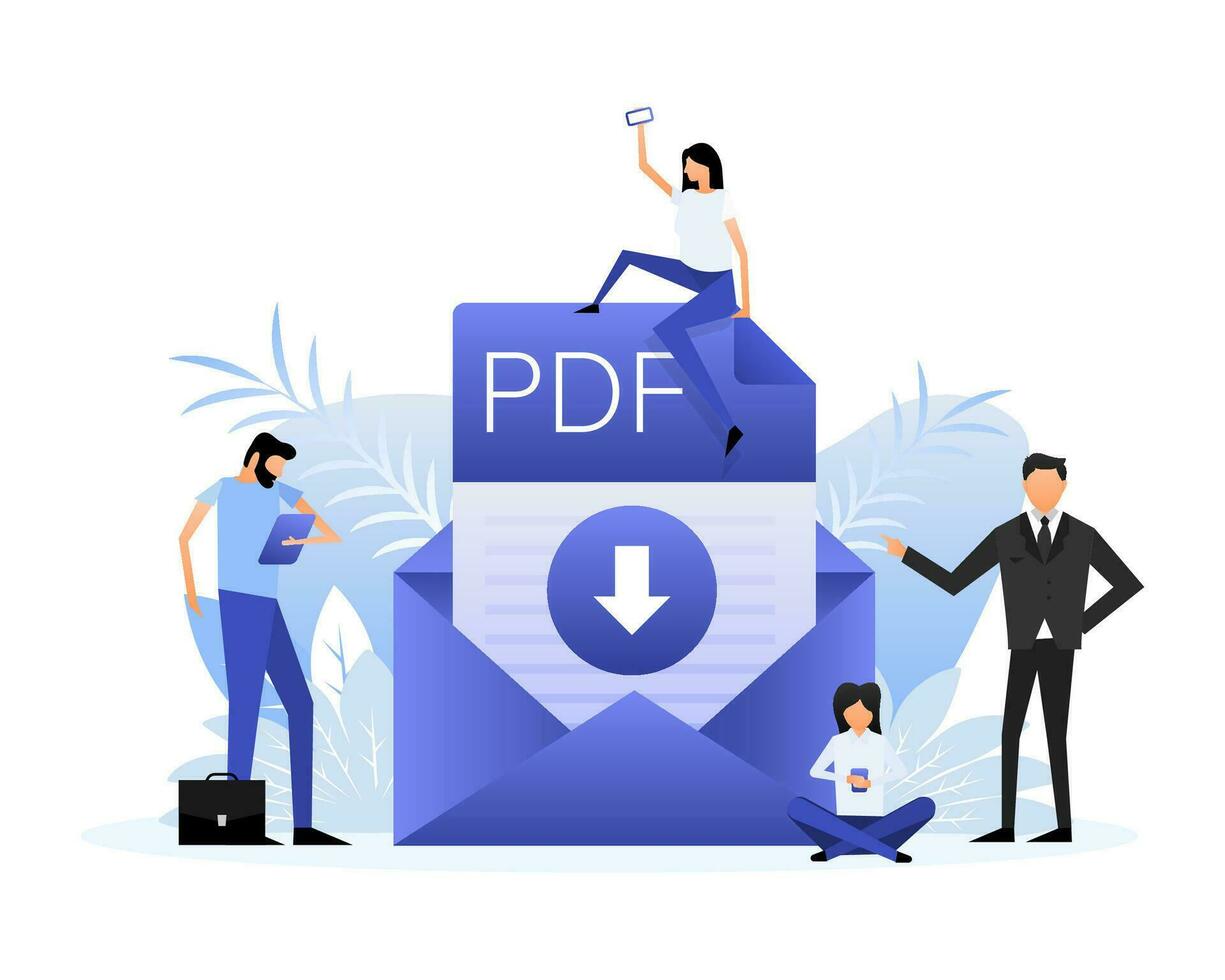 descargar pdf archivo. grupo de personas con pdf documento. isométrica vector. icono vector