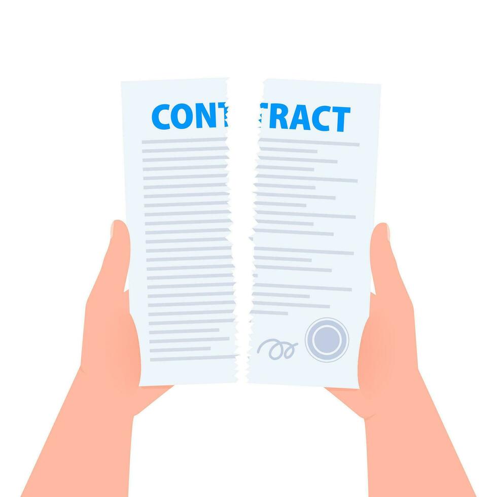 Terminated Contract document form. Torn document. Sign contract. Vector illustration.