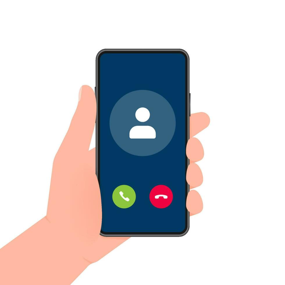 Hand holds phone with call Incoming video call on screen on white background. Vector illustration.