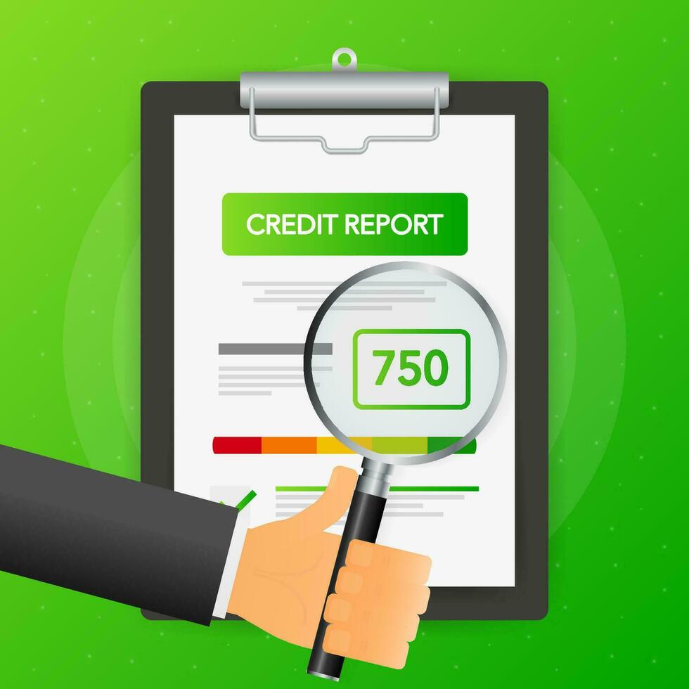 Hand holds magnifying glass over tablet with credit score on green background. Vector illustration.