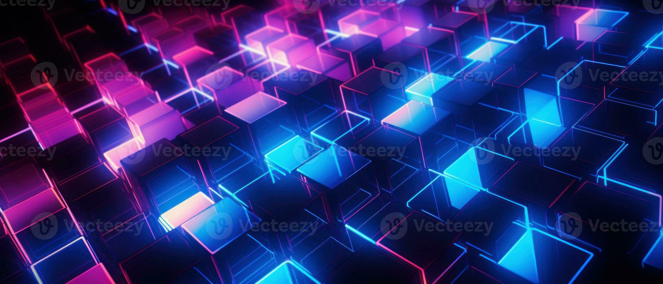AI generated Bright neon elements and 3D cubes create a modern, tech-savvy atmosphere. photo