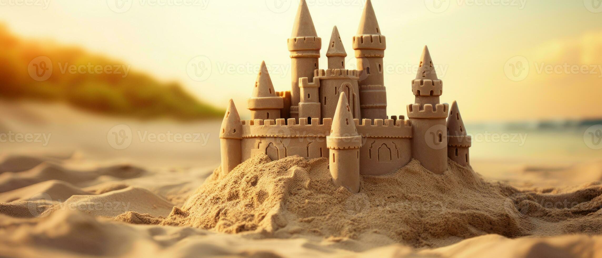 AI generated Close-up of a detailed sandcastle on a smooth beach. AI generative. photo