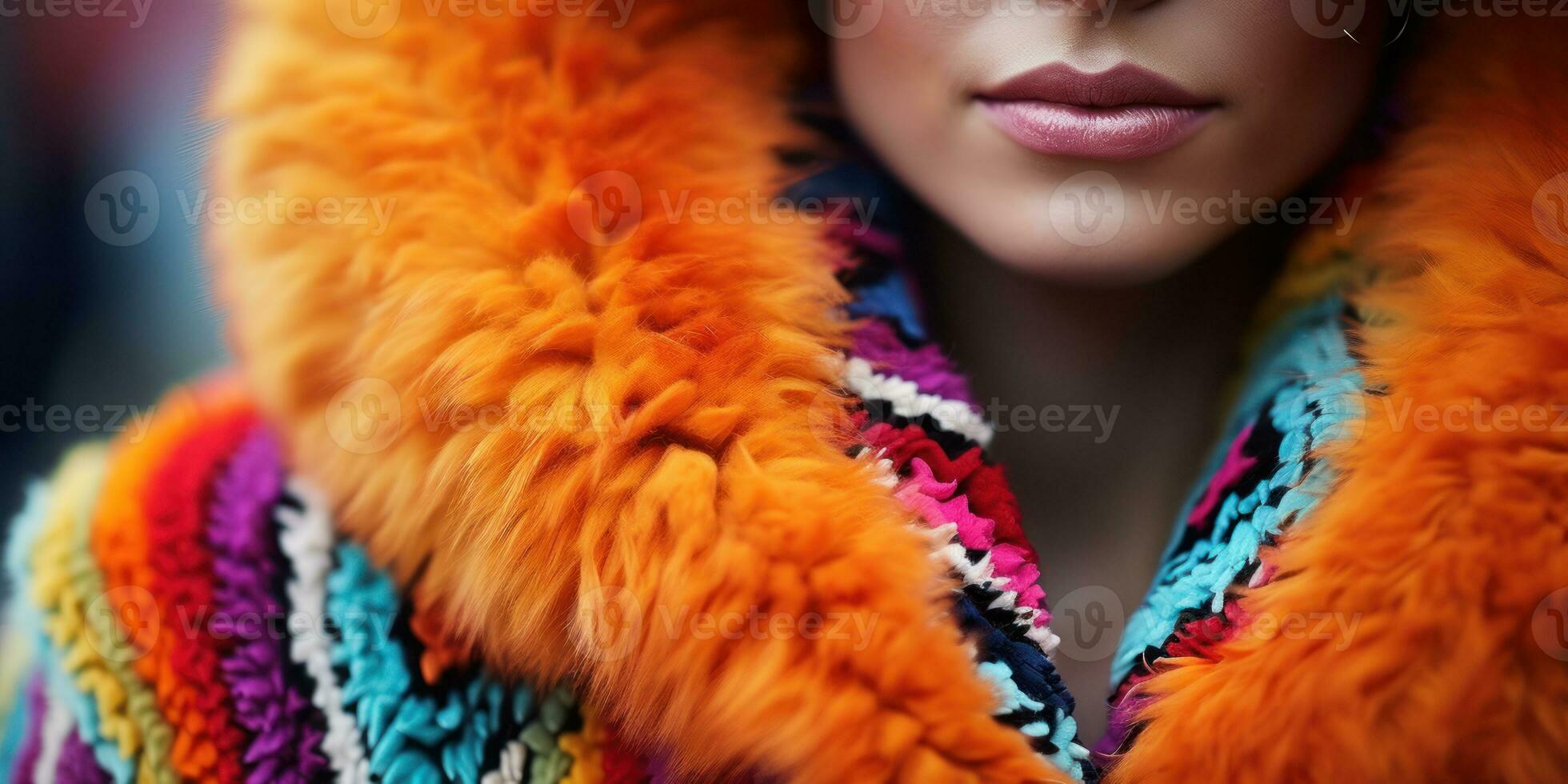 AI generated Woman in colorful knitted coat. AI generative. photo