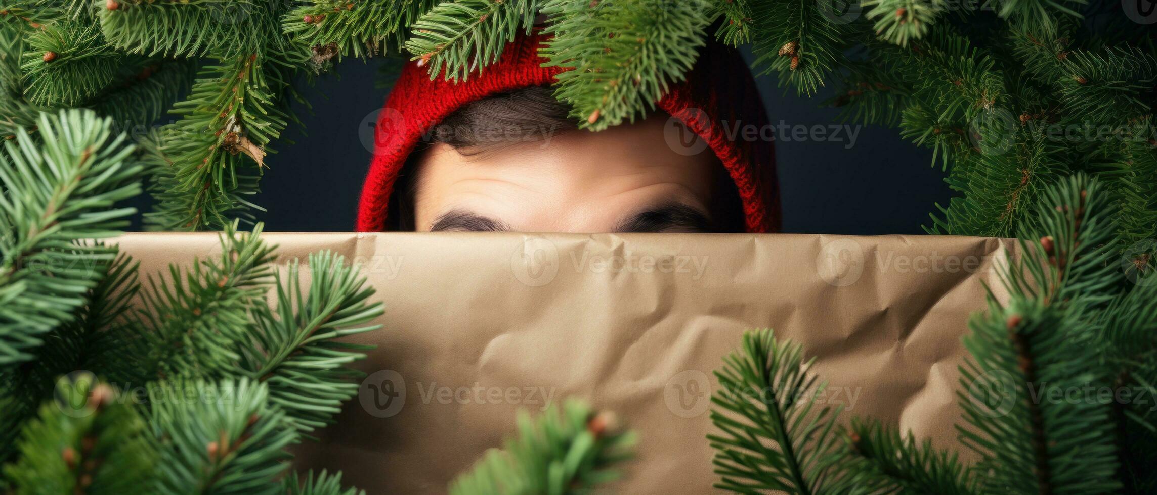 AI generated Playful man hiding behind Christmas tree. AI generative. photo