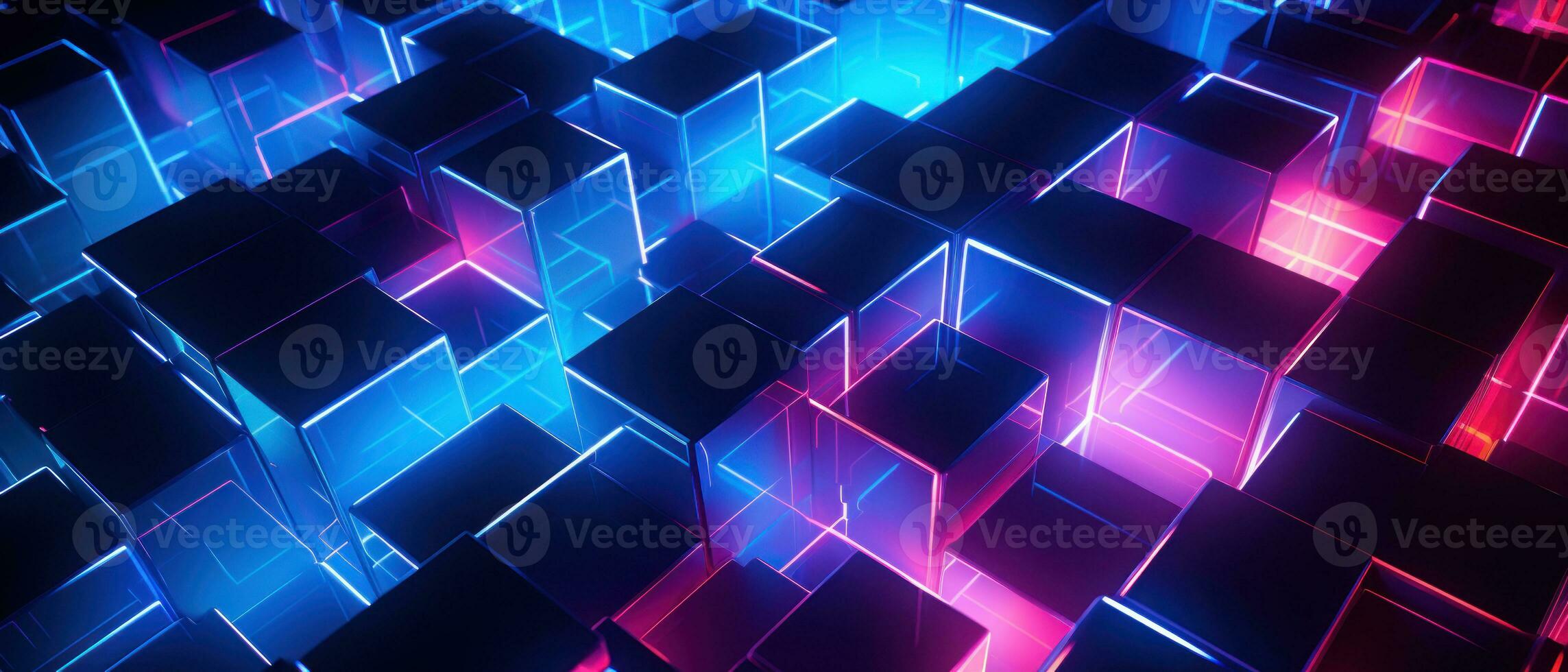 AI generated Bright neon elements and 3D cubes create a modern, tech-savvy atmosphere. photo