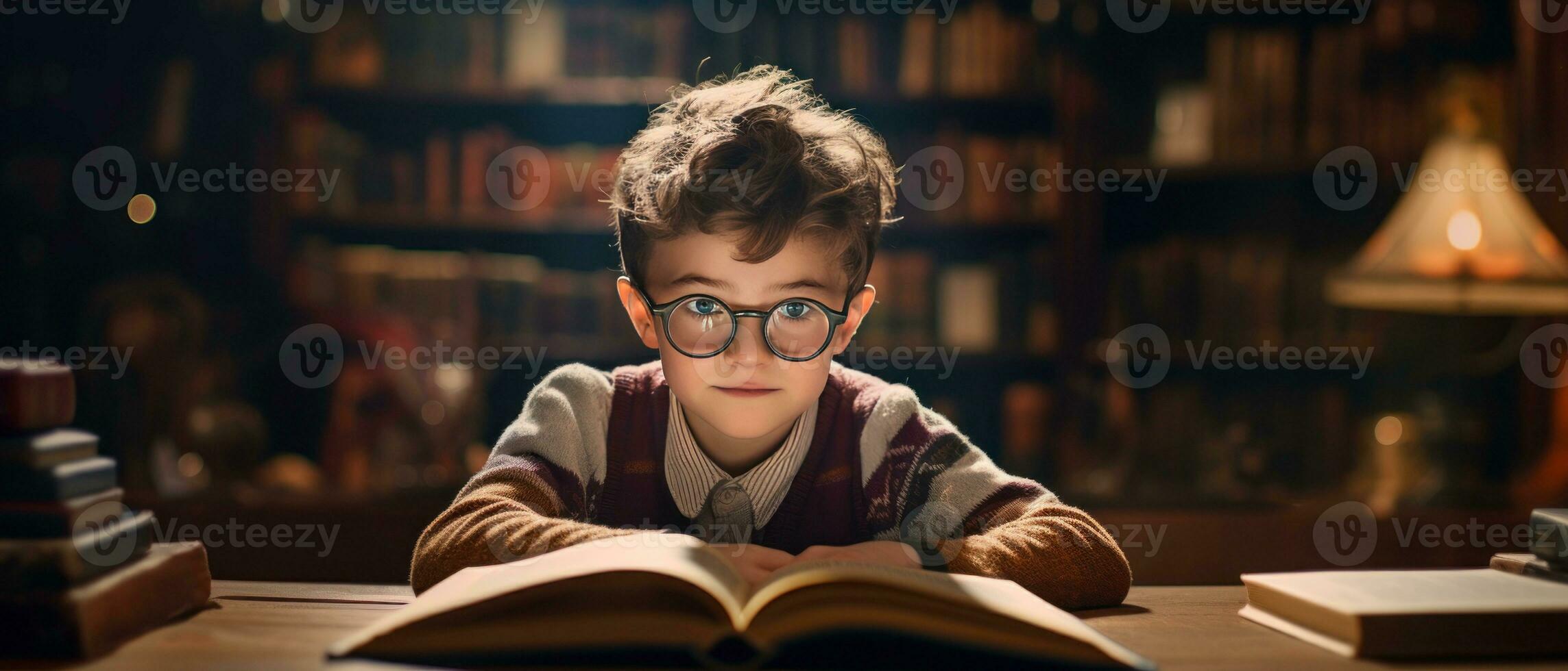 AI generated Young reader in sweater and glasses, absorbed in enchanting story,. AI generative. photo