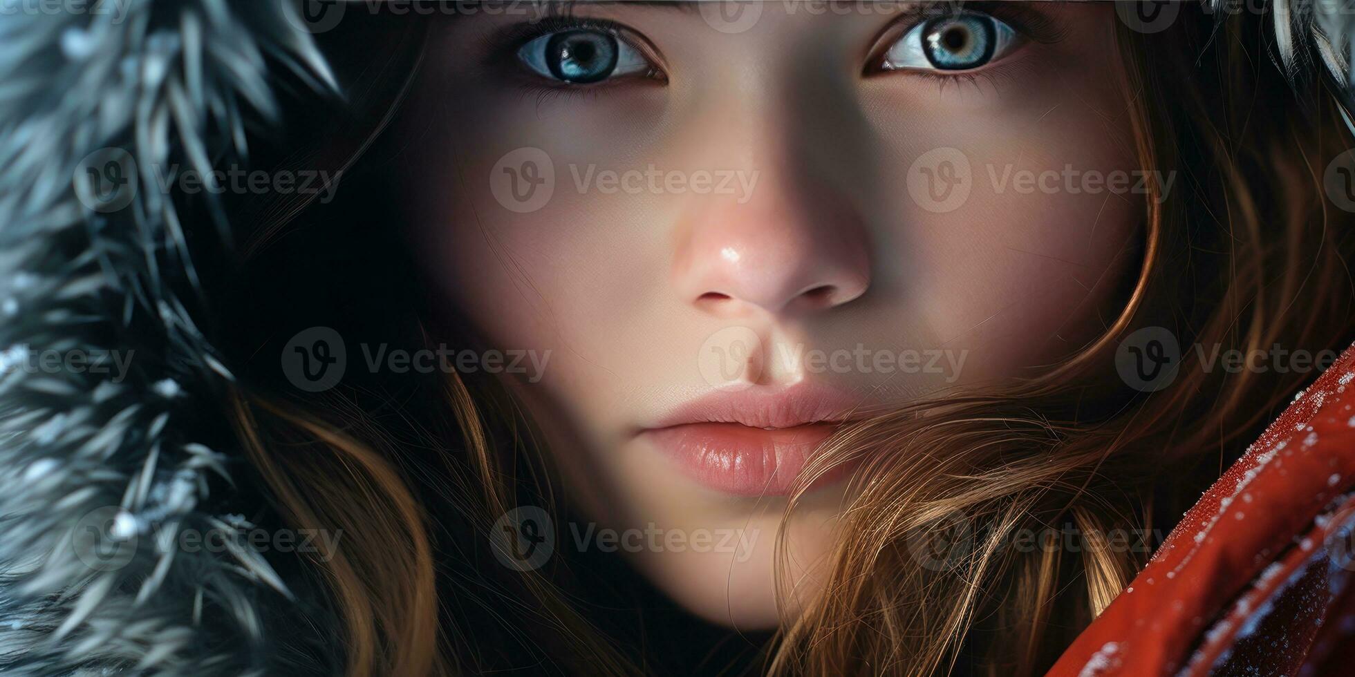 AI generated Close-up of woman in hooded coat, intense gaze, and detailed facial features. AI generative. photo