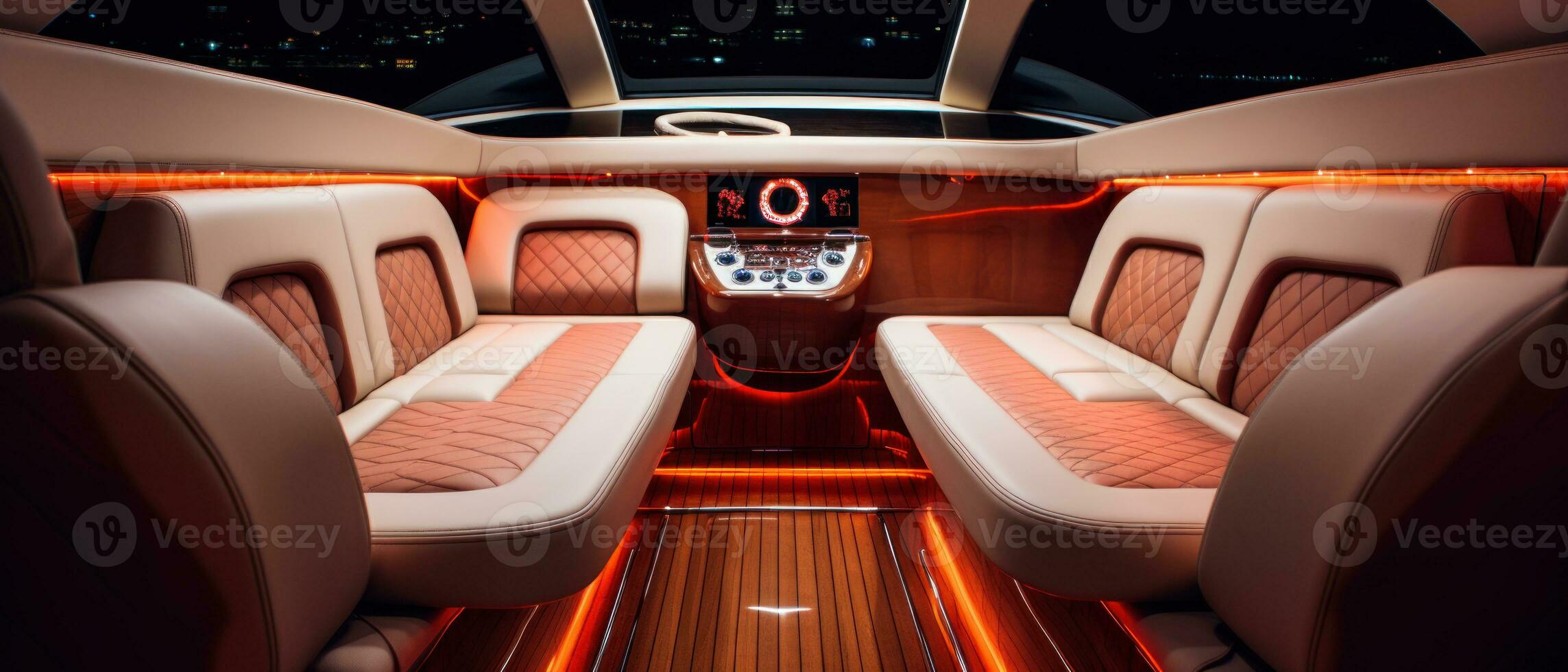 AI generated Luxury boat interior at sunset, ambient lighting. AI generative. photo