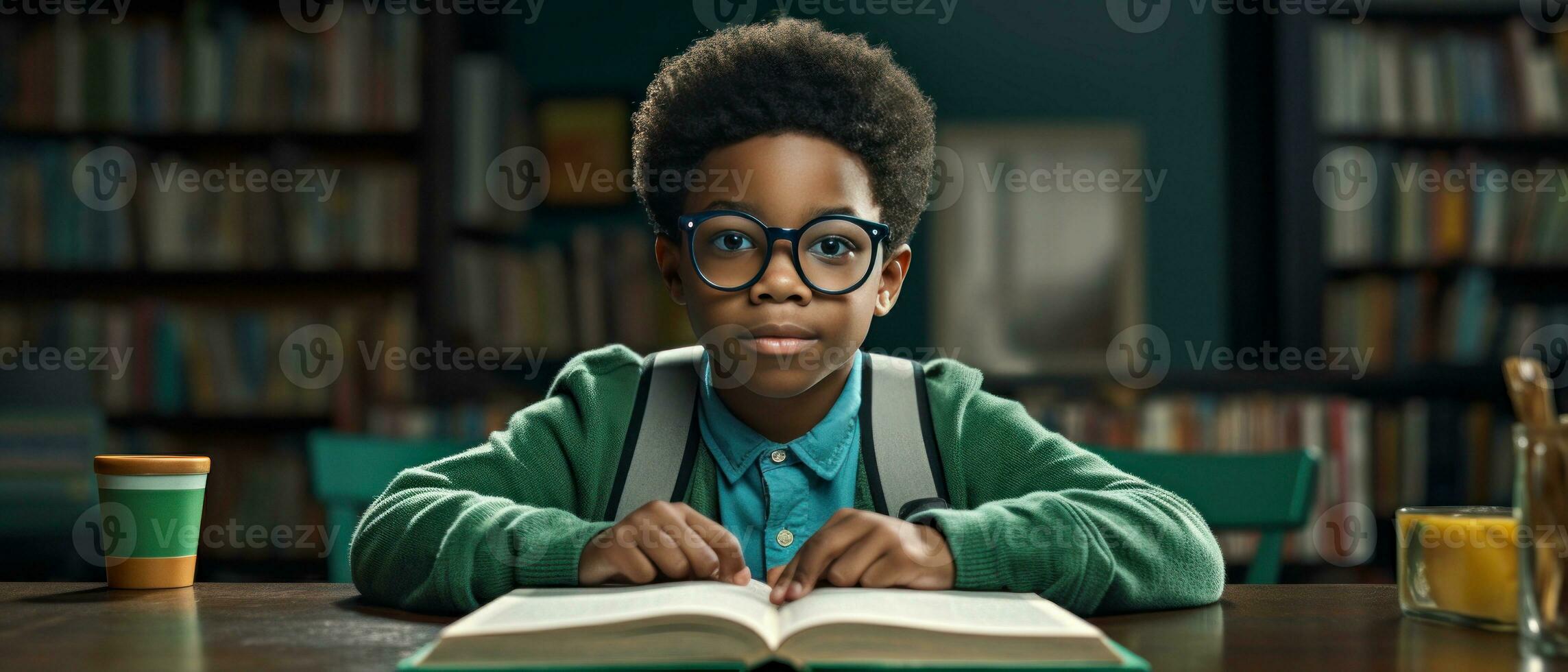 AI generated Young boy in glasses engrossed in a book at a library. AI generative. photo