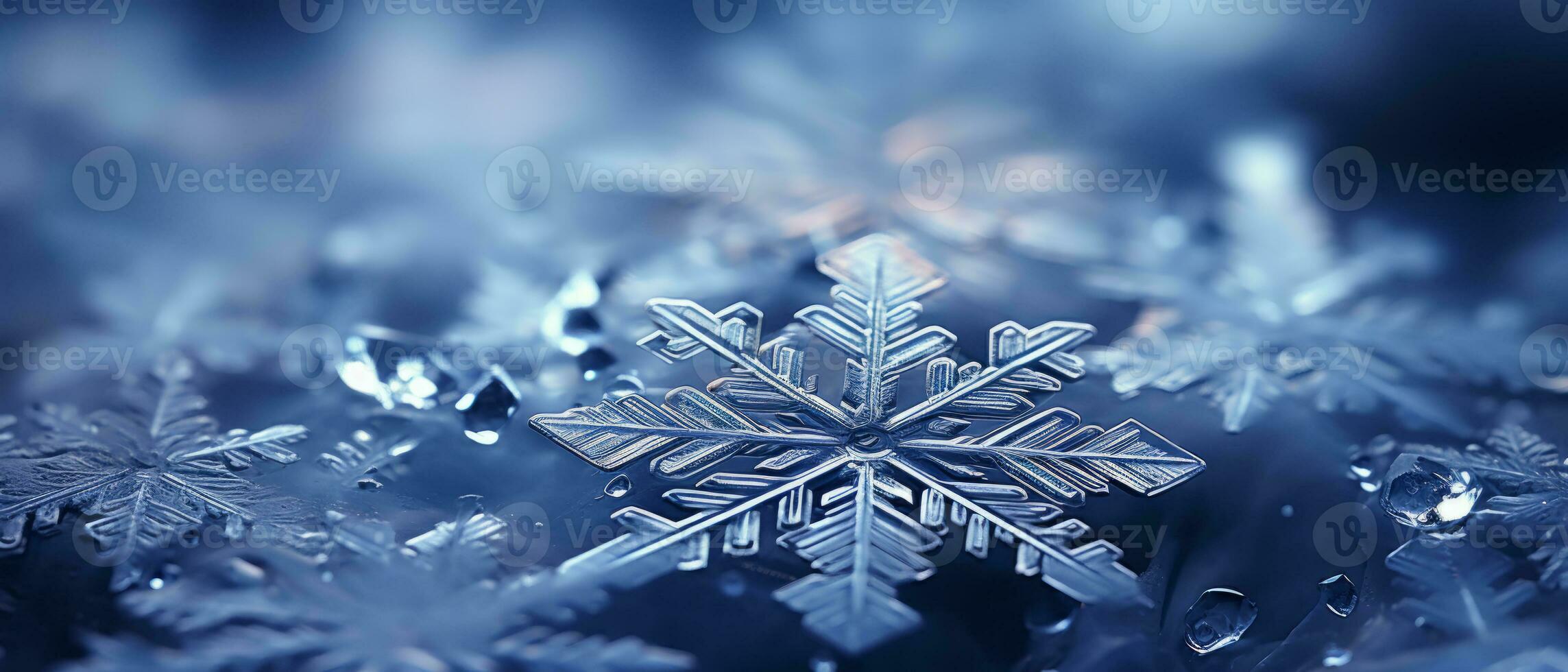 AI generated Stunning close-up of real, frosty snowflakes, their star-like shapes shining brightly. photo