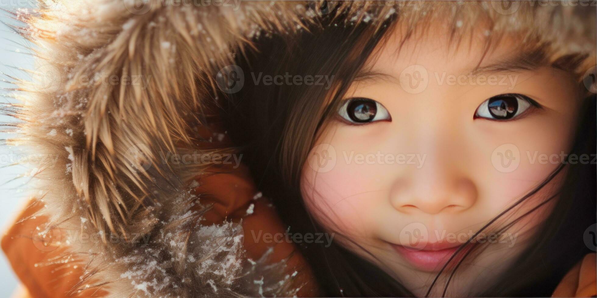 AI generated Young girl in fur coat with intense gaze. AI generative. photo