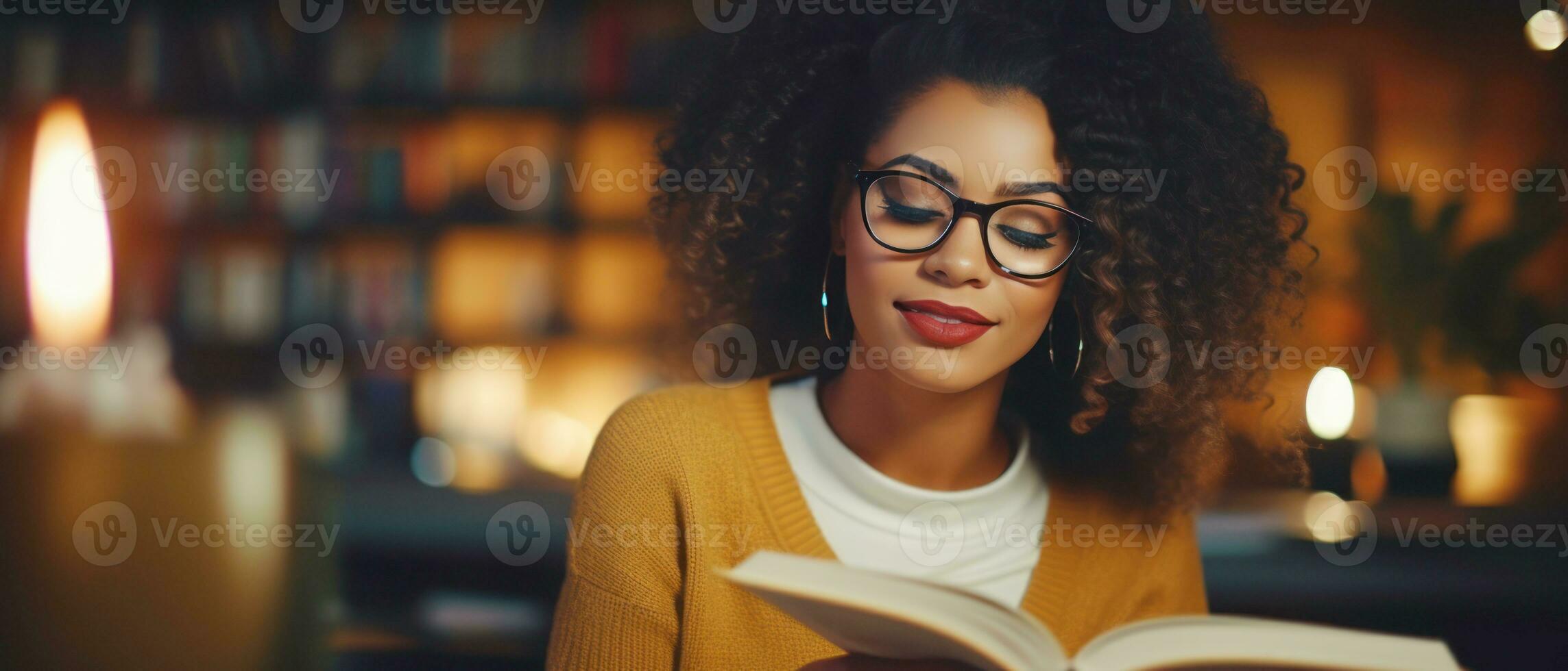 AI generated Cozy library setting, a woman engrossed in reading. AI generative. photo