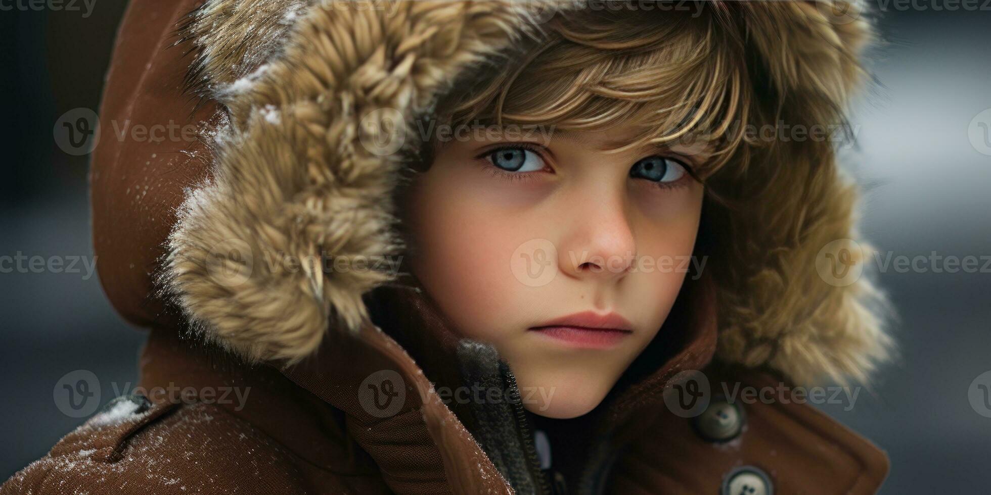AI generated Warm, inviting image of a boy in a hooded coat. AI generative. photo