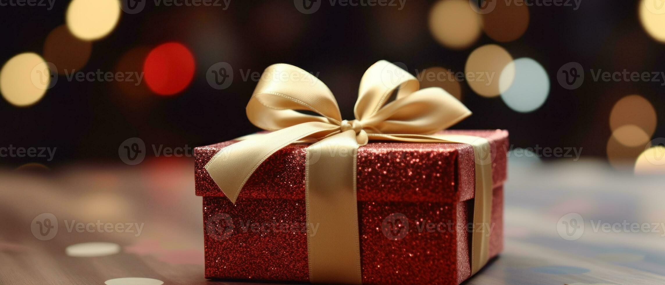 AI generated Festive red gift box with gold ribbon on rustic table. AI generative. photo