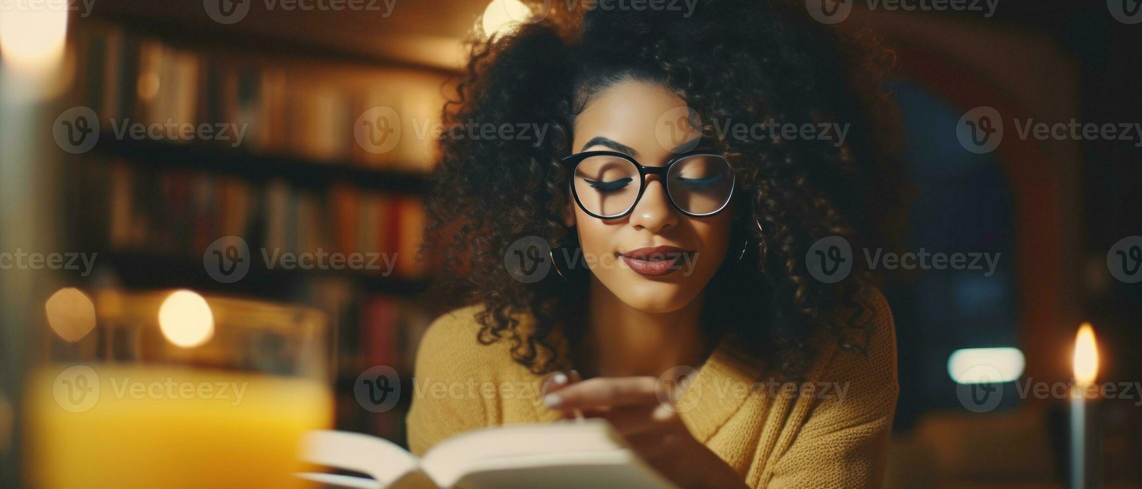 AI generated Cozy library setting, a woman engrossed in reading. AI generative. photo