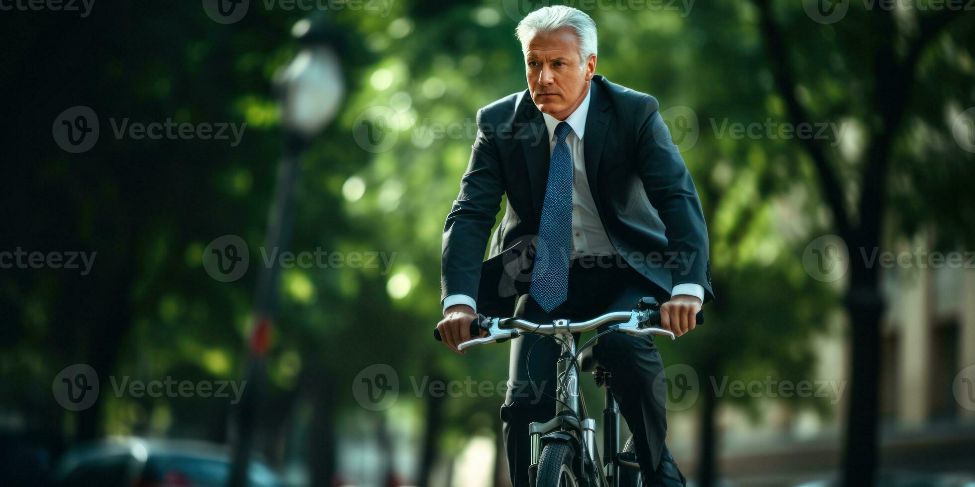 AI generated Dapper gentleman cycling in city. AI generative. photo