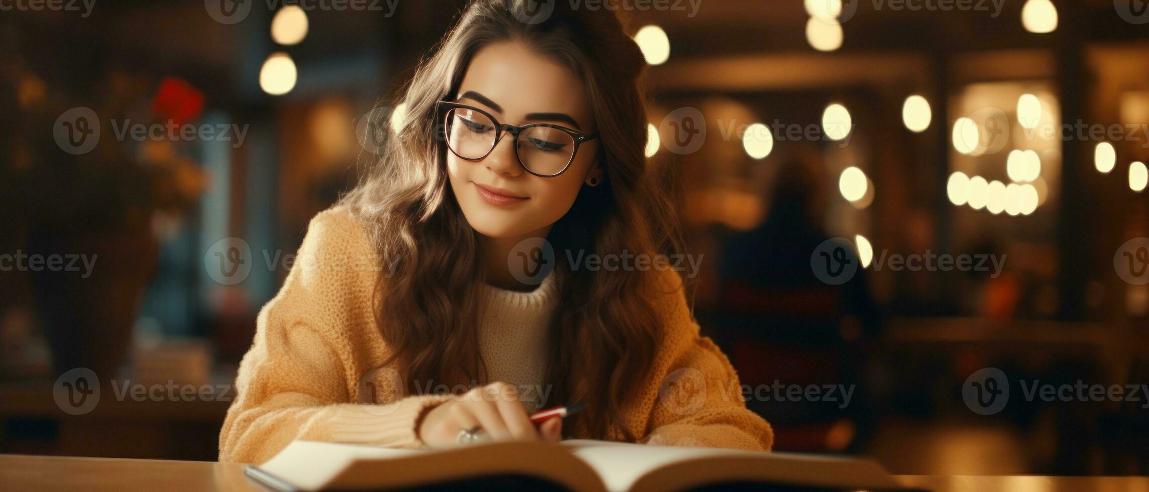 AI generated Woman in glasses absorbed in a book at a library desk. AI generative. photo