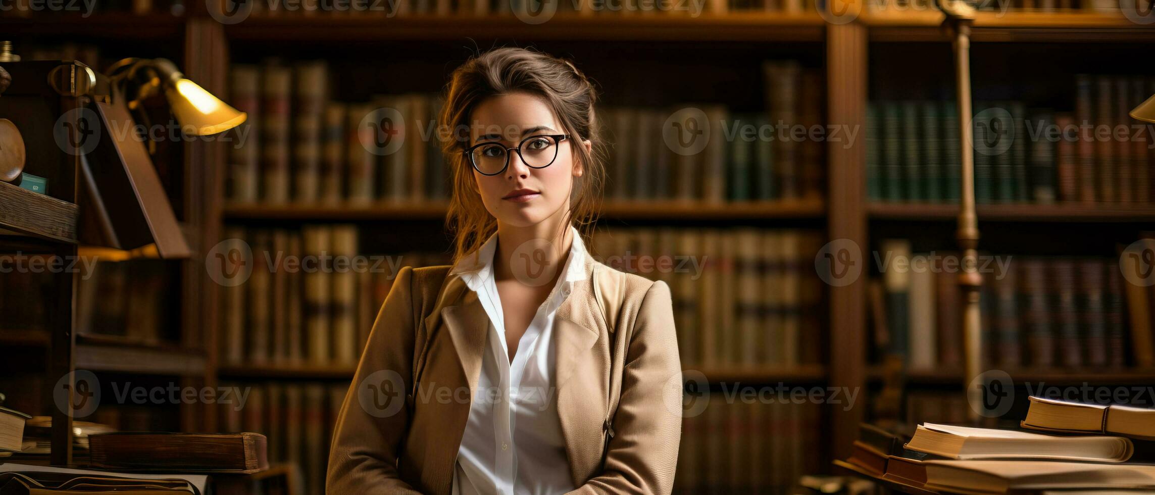 AI generated Trendy female student sitting among bookshelves in an old university library, deeply engrossed in studying. photo