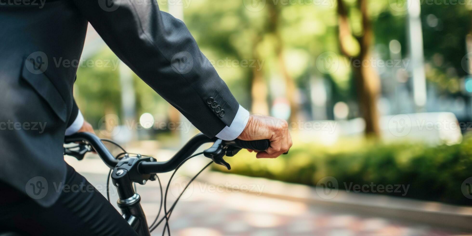 AI generated Smartly dressed man on bicycle, vibrant outdoors, sunny weather. AI generative. photo