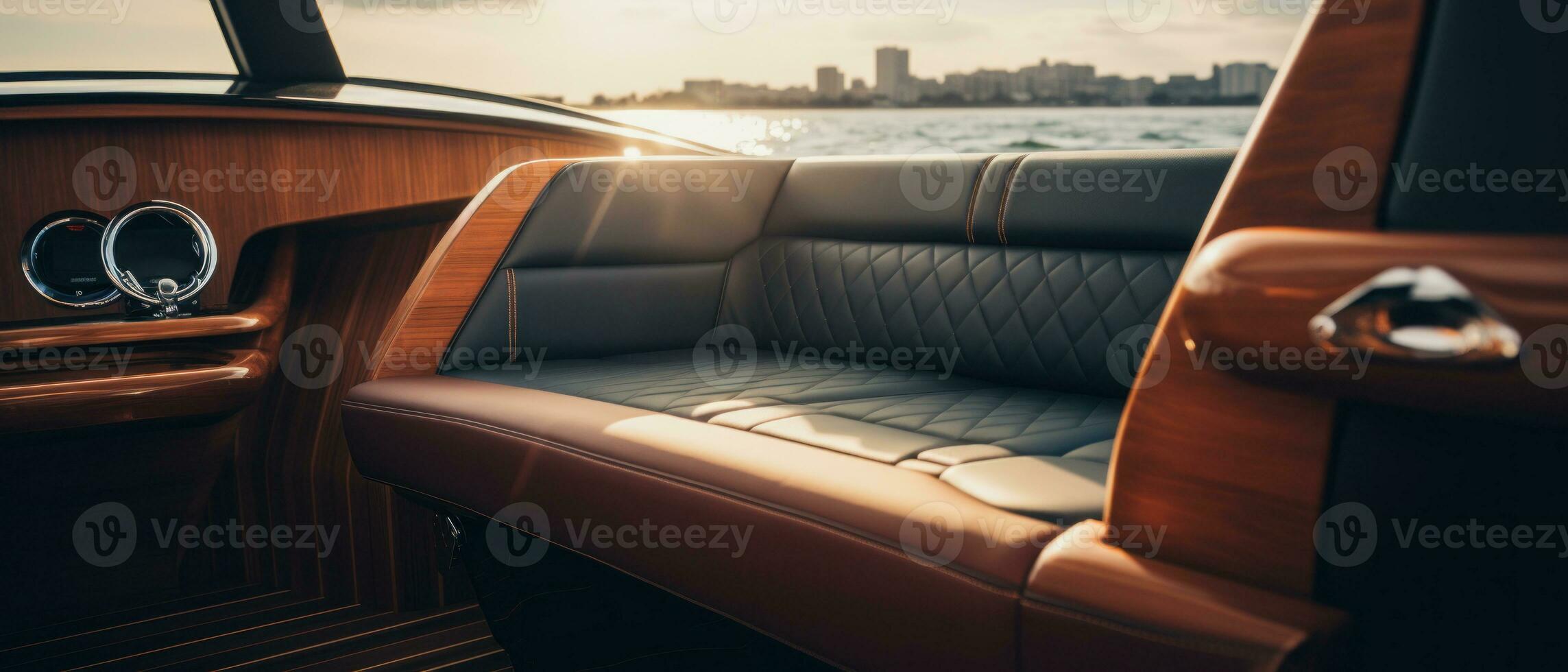 AI generated Luxury boat interior at sunset, ambient lighting. AI generative. photo
