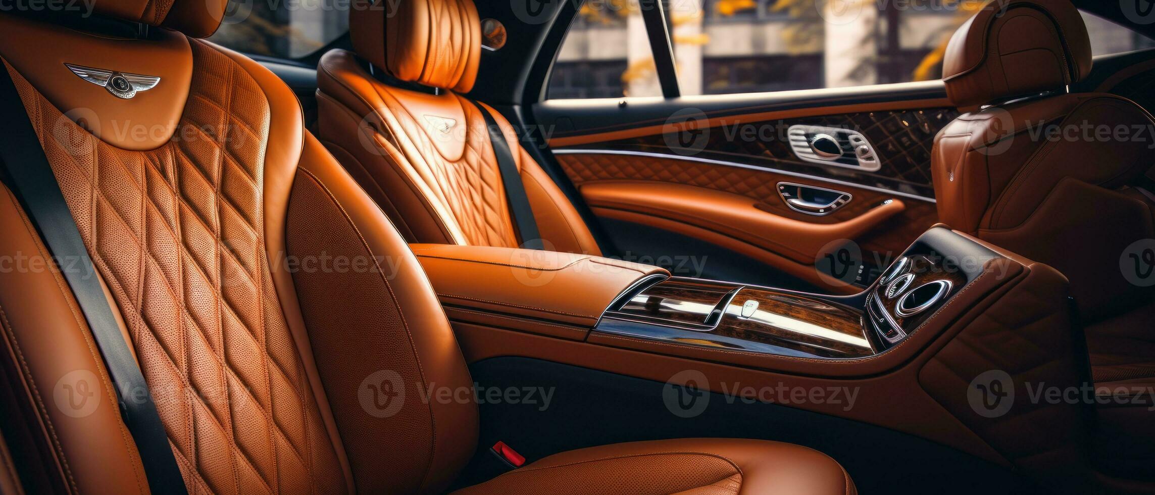 AI generated Luxury car interior with tan leather seats, classic elegance. AI generative. photo