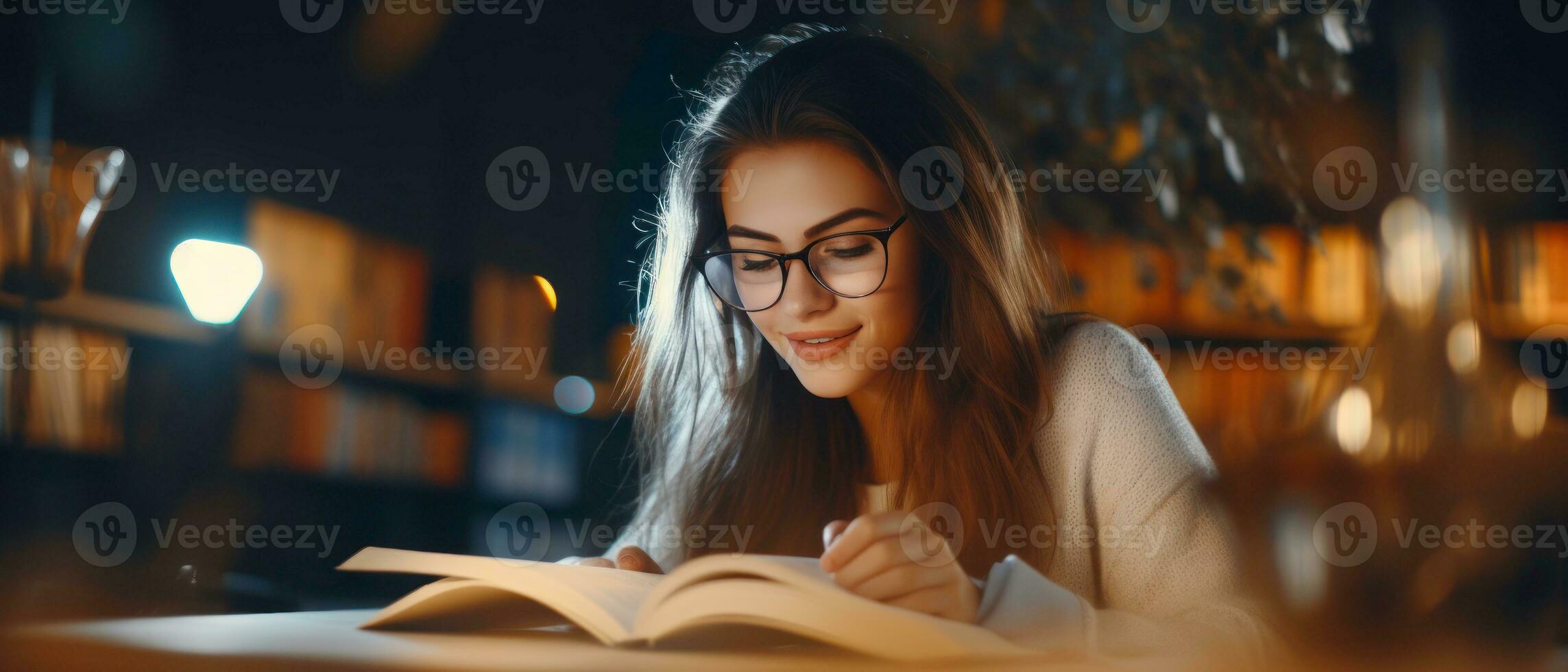 AI generated Woman in glasses absorbed in a book at a library desk. AI generative. photo