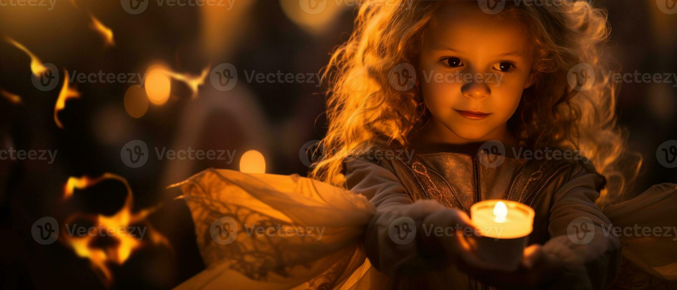 AI generated Charming girl in witch hat holding a candle. AI generative. photo