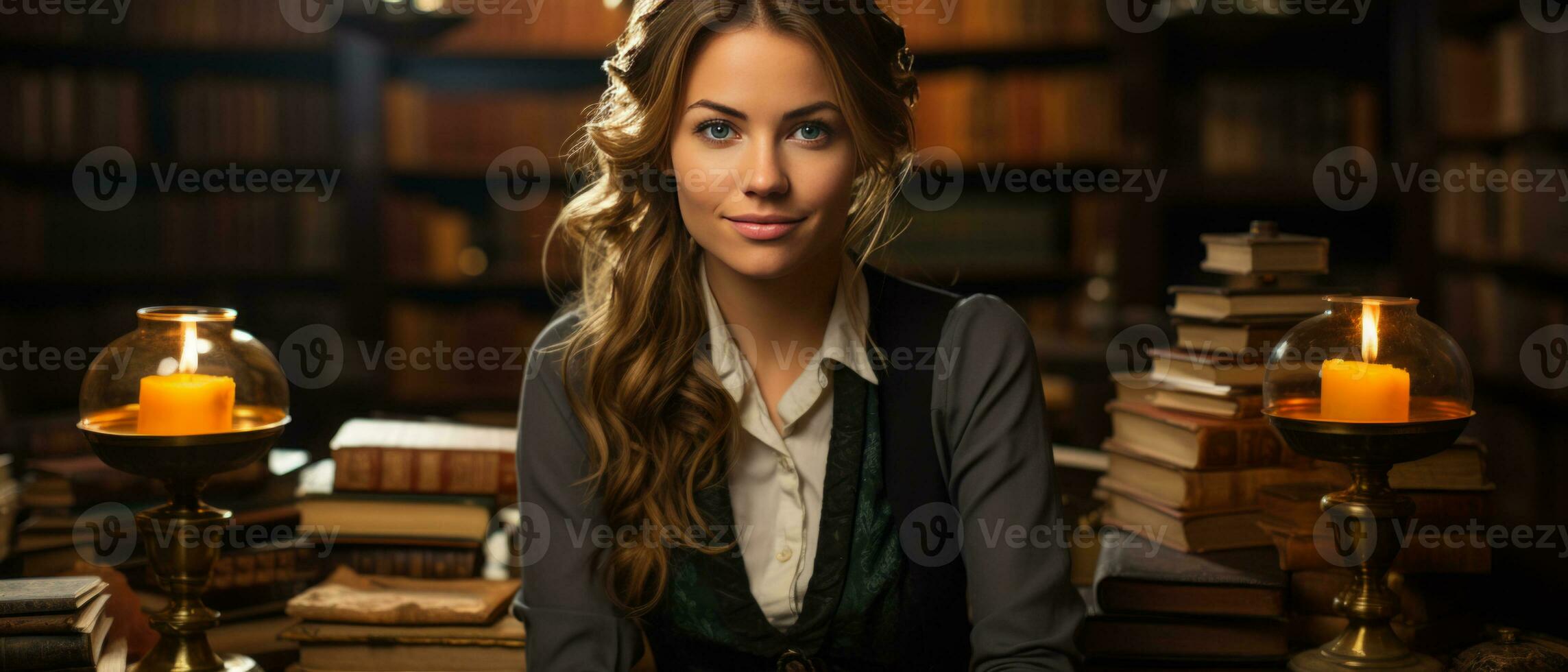 AI generated Trendy female student sitting among bookshelves in an old university library, deeply engrossed in studying. photo