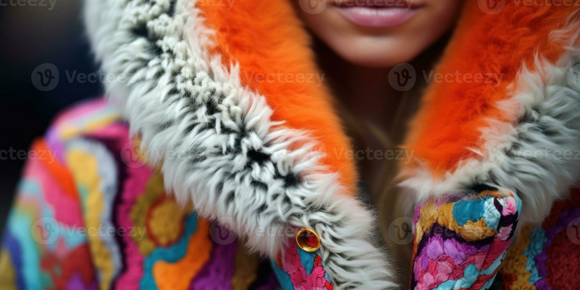 AI generated Woman in colorful knitted coat. AI generative. photo