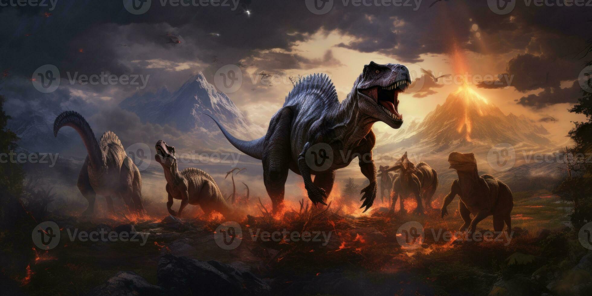 AI generated T-Rex in a prehistoric landscape, surrounded by diverse dinosaurs. AI generative. photo