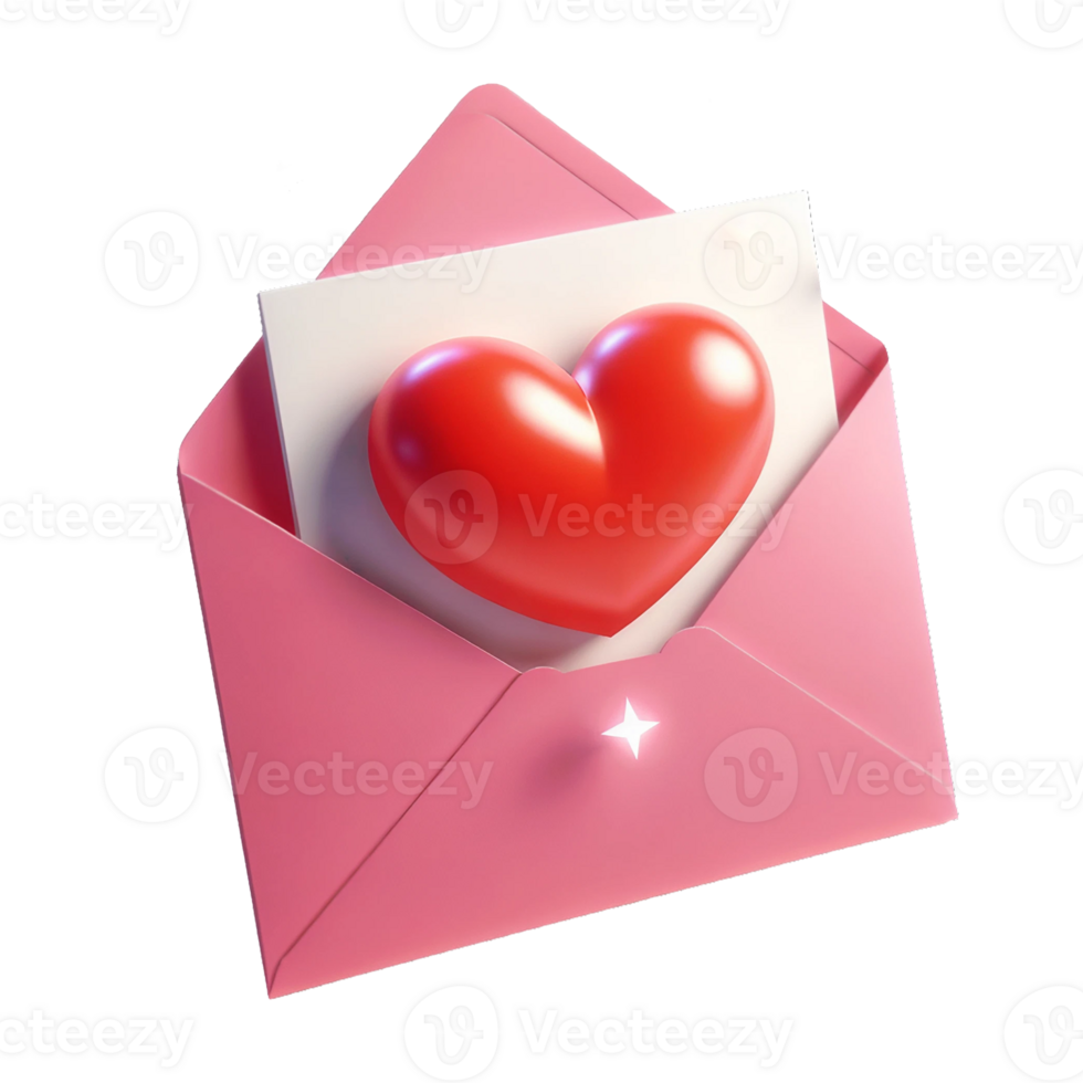 AI generated Open pink envelope revealing white card with big red heart on transparent background. png