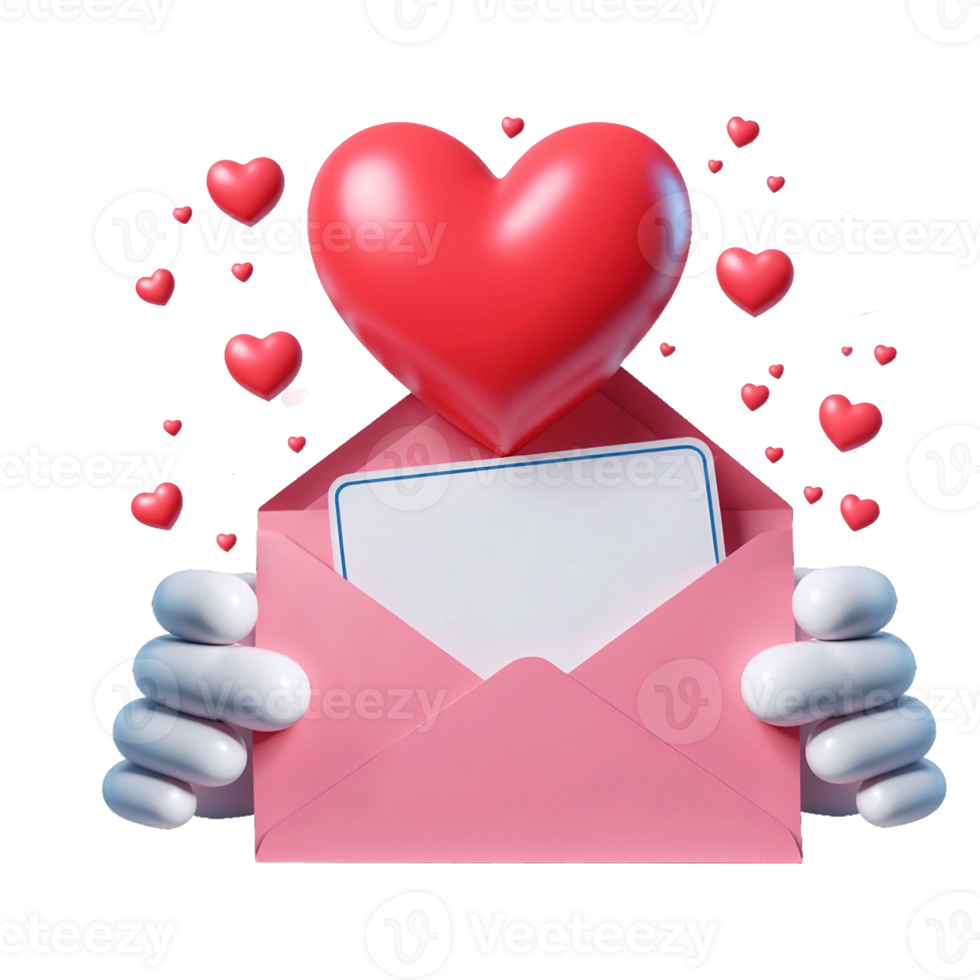 AI generated Open pink envelope revealing white card with big red heart on transparent background. png