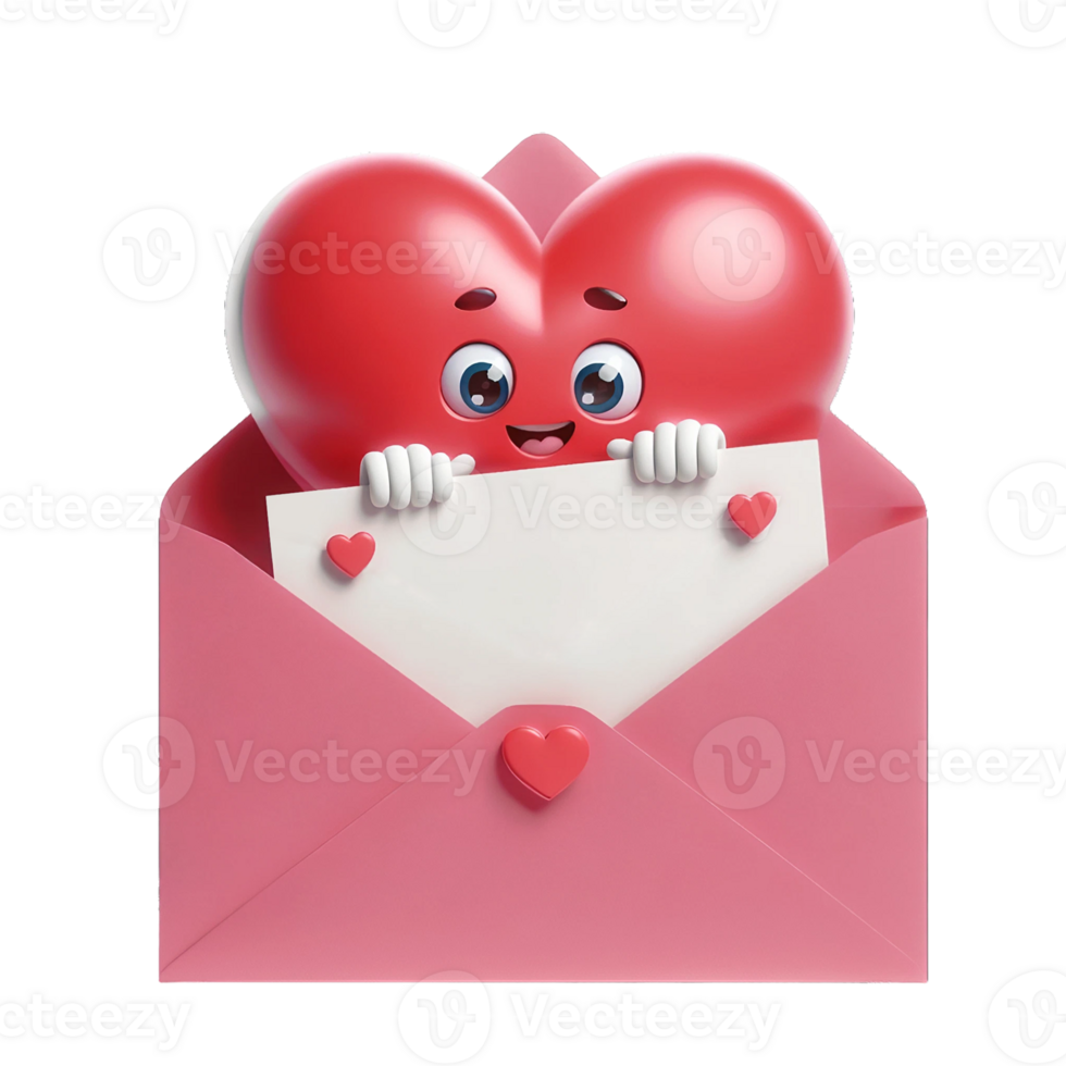 AI generated Open pink envelope revealing white card with big red heart on transparent background. png