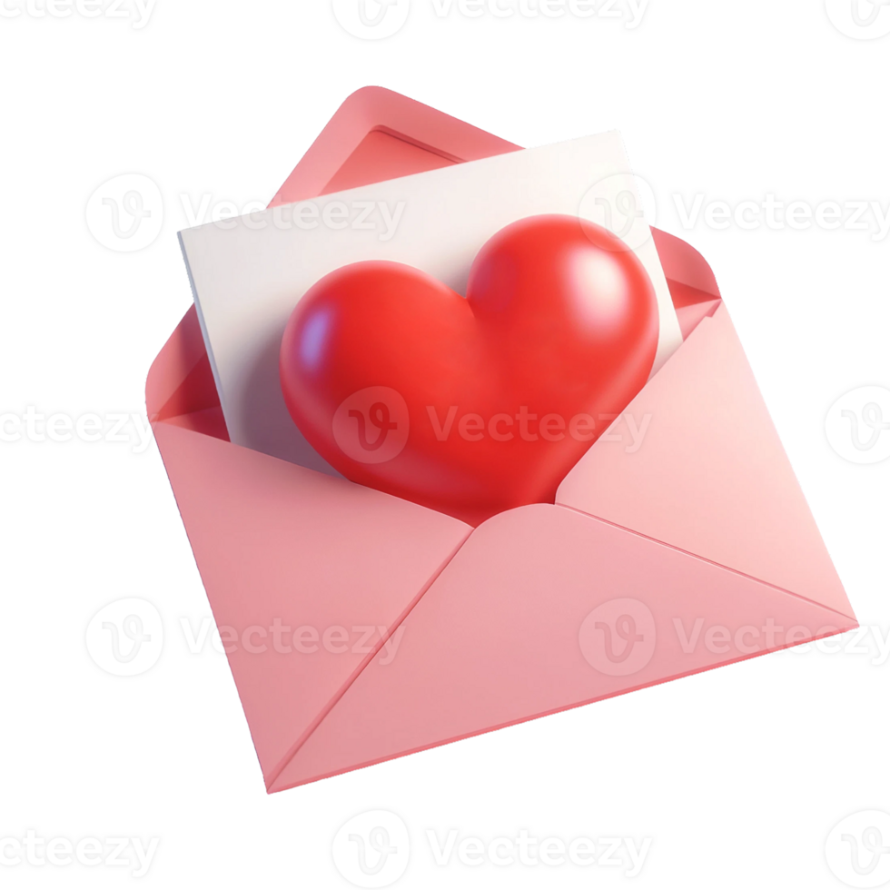 AI generated Open pink envelope revealing white card with big red heart on transparent background. png