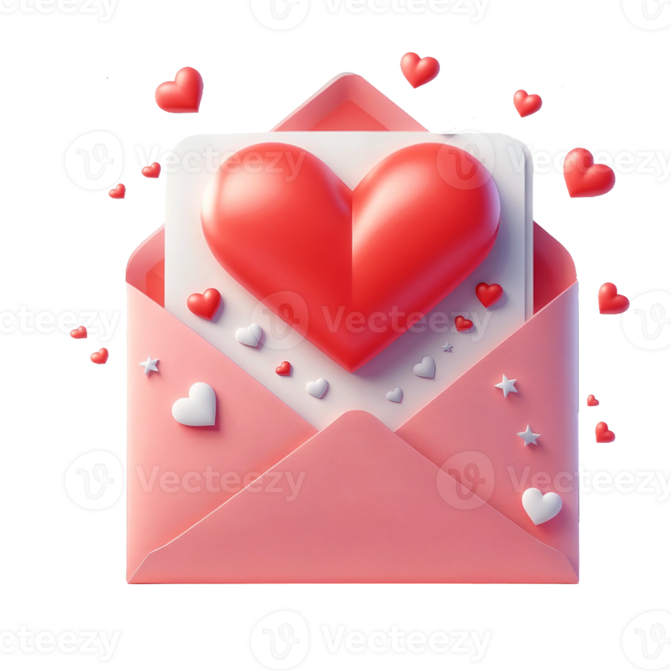 AI generated Open pink envelope revealing white card with big red heart on transparent background. png